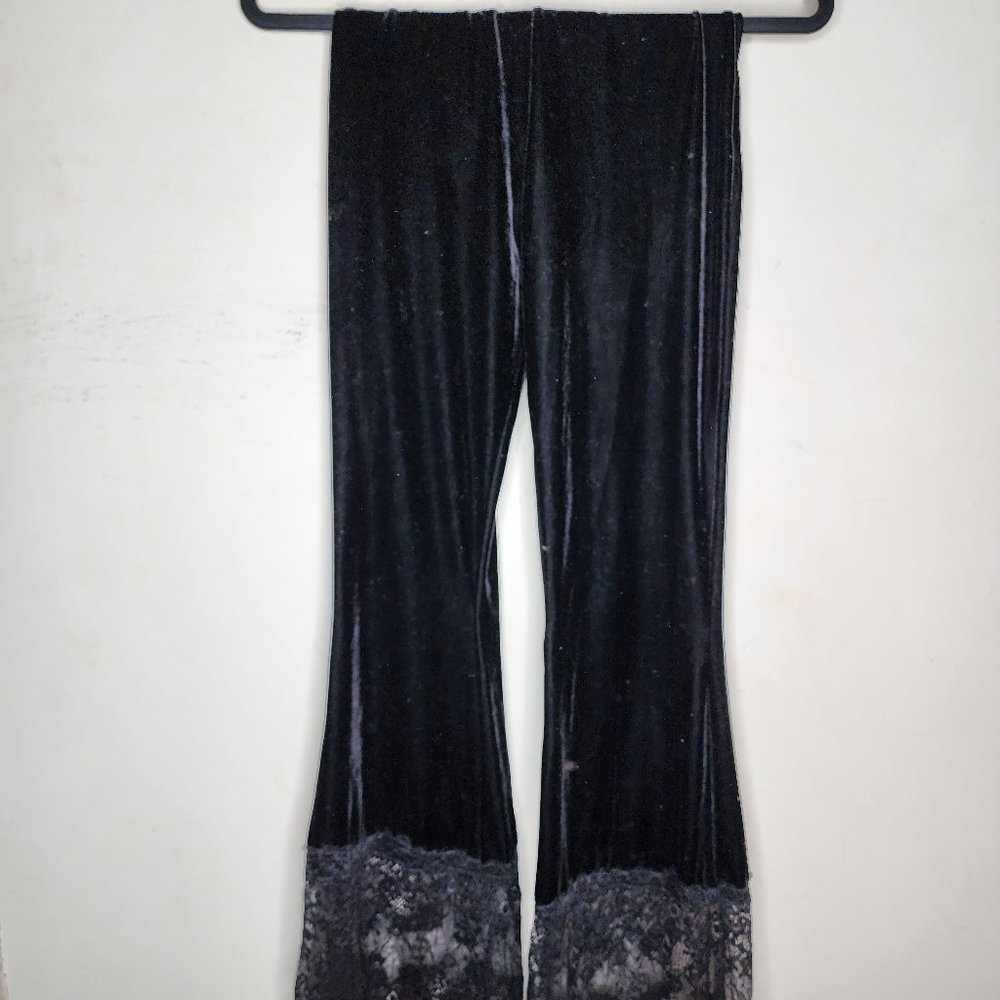 Killstar Nova Black Velour Velvet & Lace Super Flare Bell Bottoms Pull On, sz XS - Picture 2 of 7
